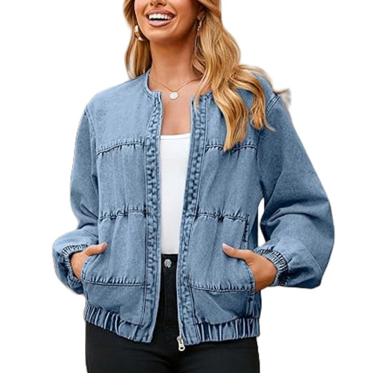 Damen Jeansblouson im Bomberstil mit Rundhals, Galonnähten und elastischem Saum Shop Nory
