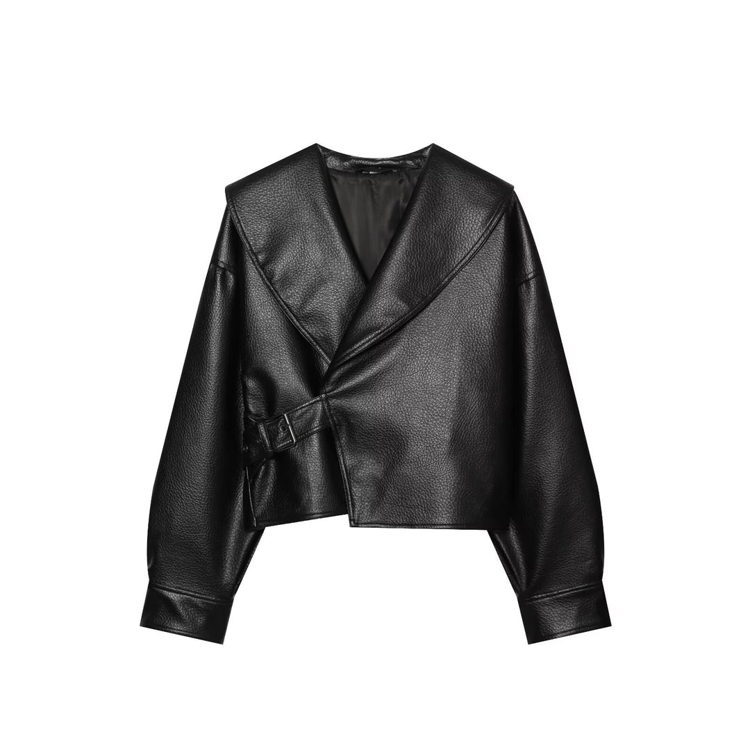 Damen Cropped Lederoptik-Jacke mit übergroßem Schalkragen und taillierendem Schnallenriemen Shop Nory