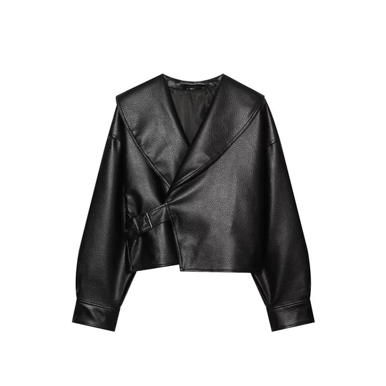 Damen Cropped Lederoptik-Jacke mit übergroßem Schalkragen und taillierendem Schnallenriemen Shop Nory
