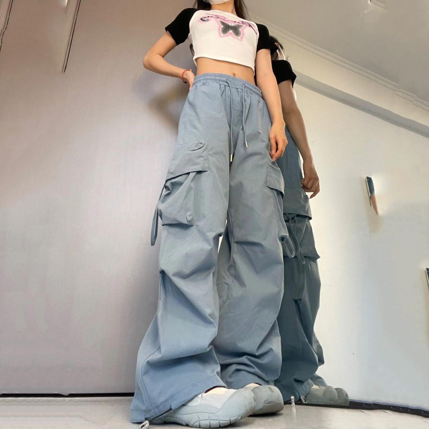 Damen nan ultraleichte Freizeit-Hose mit hohem Elastikbund, Kordelzug und verstellbarem Beinabschluss