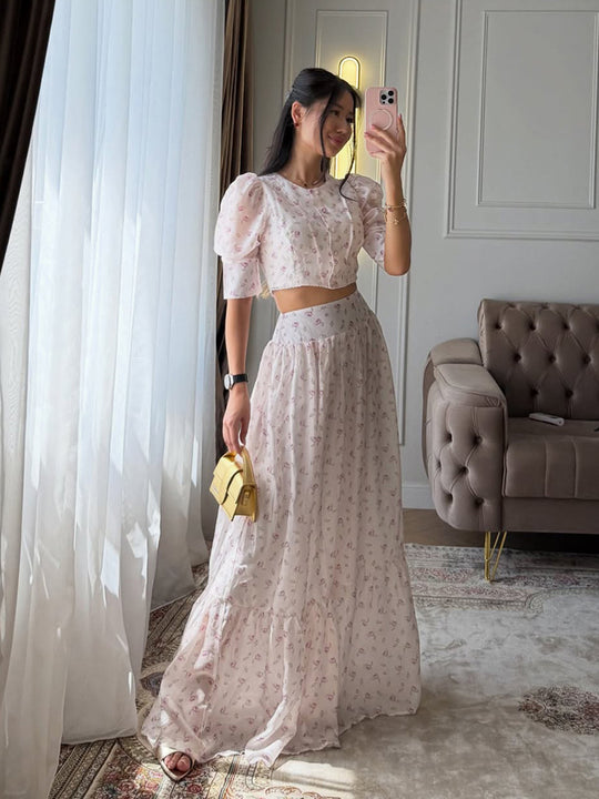 Damen Zweiteiliges Chiffon-Set mit Cropped-Puffbluse und Stufen-Maxirock Shop Nory
