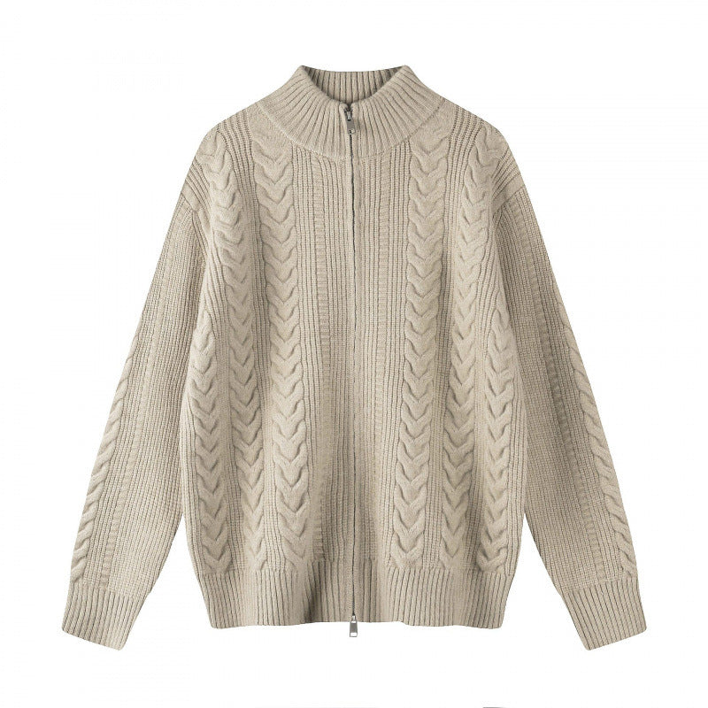 Damen Grobgestrickter Zopfstrick-Cardigan mit durchgehendem Reißverschluss und Stehkragen Shop Nory