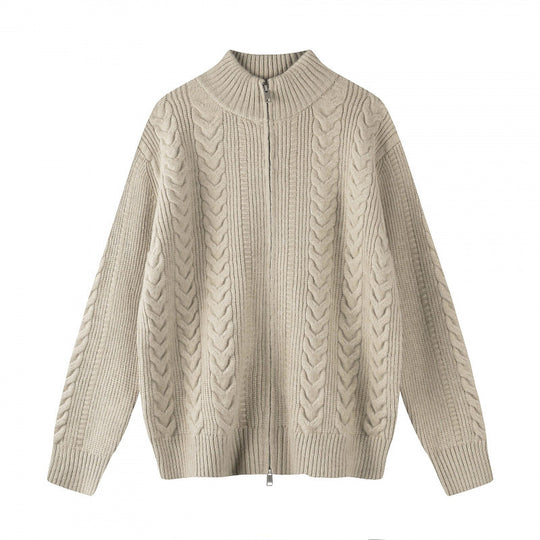 Damen Grobgestrickter Zopfstrick-Cardigan mit durchgehendem Reißverschluss und Stehkragen Shop Nory