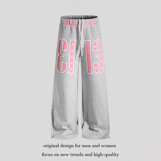 Damen Weite Palazzo-Jogginghose mit hohem Komfortbund, Tunnelzug und großer Grafikfront Shop Nory
