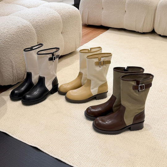 Damen Mid-Calf Stiefel aus Glattleder und Canvas mit Zier-Schnallenriemen Shop Nory