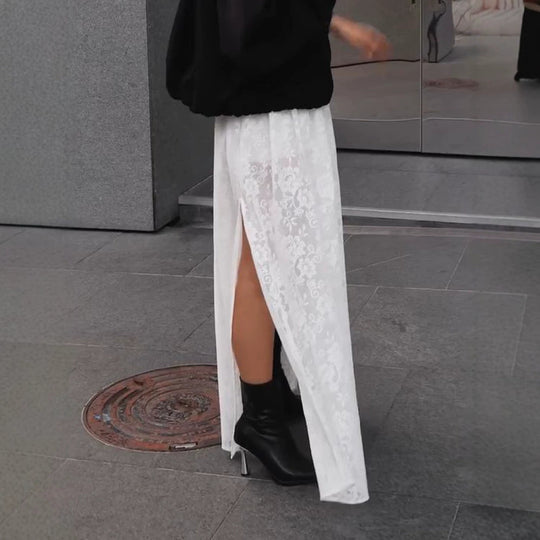 Damen Maxirock aus transparenter Spitze mit hohem Beinschlitz und elastischem Bund Shop Nory