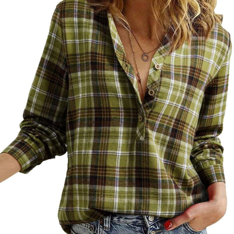 Damen Karo-Bluse im Oversize-Look mit V-Ausschnitt Knopfleiste und gerundetem Saum Shop Nory