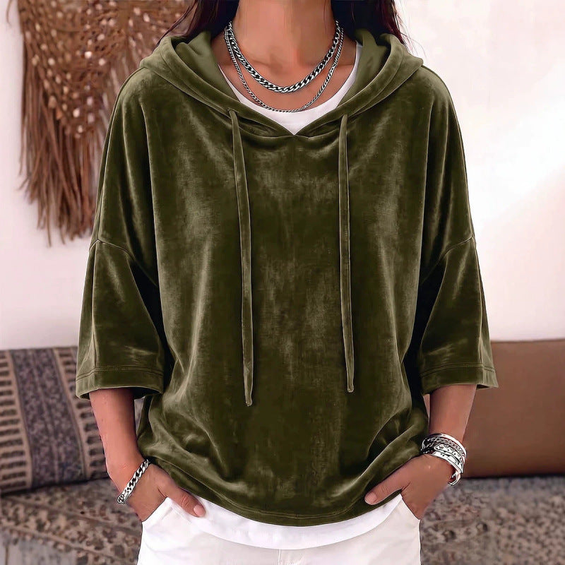 Damen Oversize Samt-Halbarm-Hoodie mit Kordelzug und Taschen Shop Nory