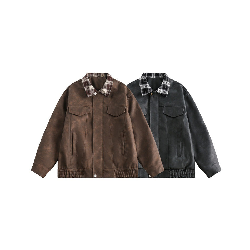 Herren Boxy Kunstleder‑Blouson mit kariertem Umlegekragen und Pattentaschen Shop Nory