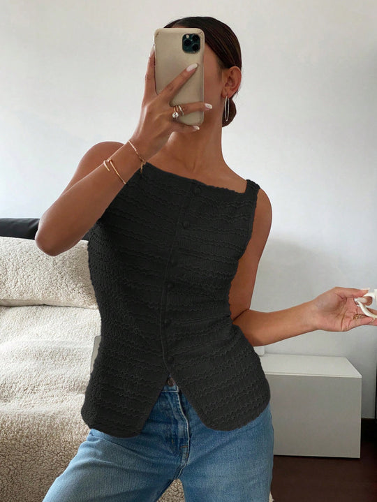 Damen Ärmelloses Struktur-Top mit Zierknopfleiste und Vorder‑Schlitz Shop Nory