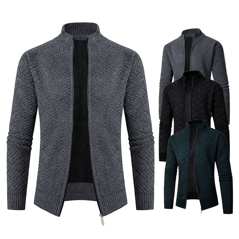 Herren Thermo-Strickjacke mit durchgehendem Reißverschluss, gefüttertem Stehkragen und geometrischem Strukturmuster Shop Nory