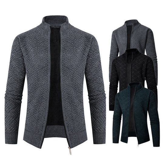 Herren Thermo-Strickjacke mit durchgehendem Reißverschluss, gefüttertem Stehkragen und geometrischem Strukturmuster Shop Nory
