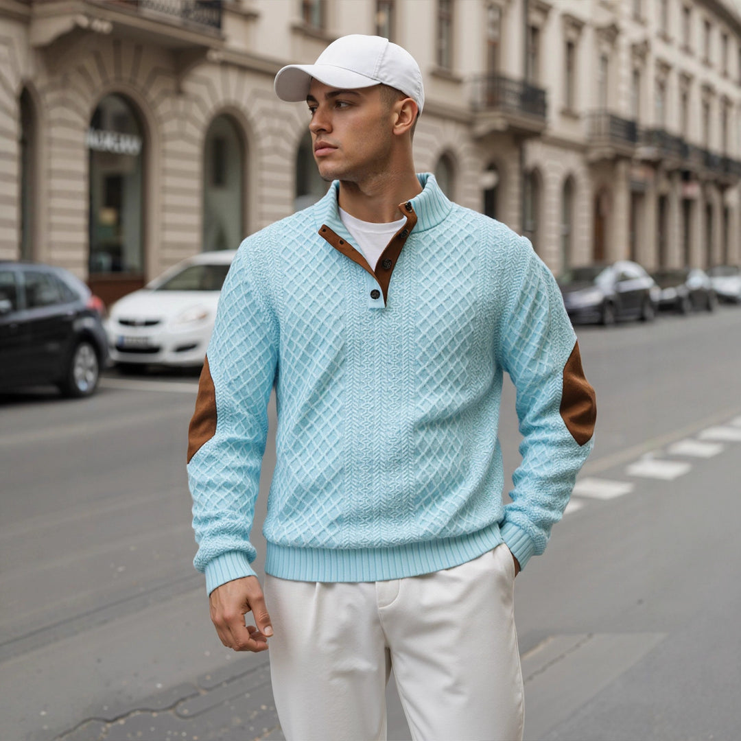 Herren Troyer-Pullover mit Stehkragen, strukturierter Strickoptik und Kontrast-Ellbogenpatches Shop Nory