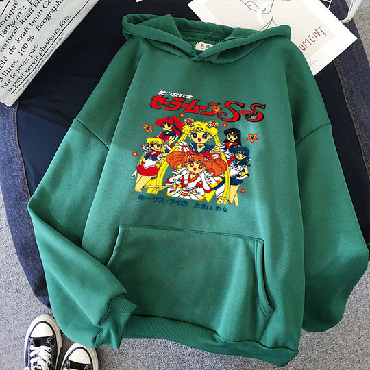 Damen nan Oversize-Kapuzenpullover mit gerautem Fleecefutter, Retro‑Anime‑Print und Kängurutasche Shop Nory