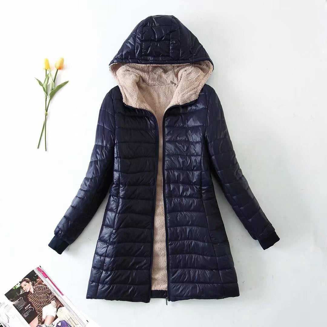 Damen Taillierter Steppmantel mit Teddyfutter und Kapuze Shop Nory