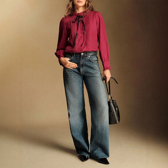 Damen Rüschenbluse mit Stehkragen, Längsfalten und Schleifenband Shop Nory