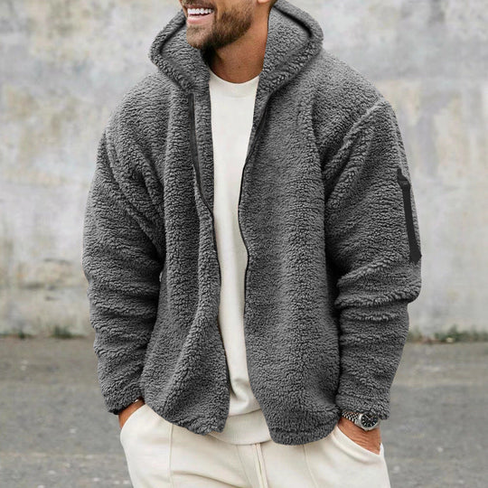 Herren nan Sherpa-Fleece Kapuzenjacke mit durchgehendem Reißverschluss und Ärmel-Tasche