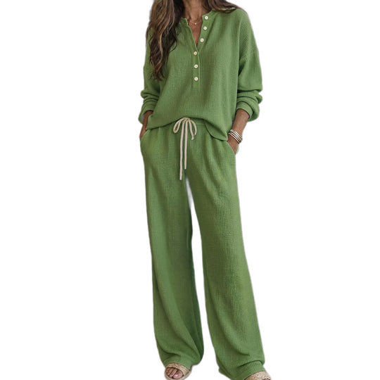 Damen Waffelstrick-Loungewear-Set mit Henley-Oberteil, Kordelbund und weiter Palazzo-Hose Shop Nory