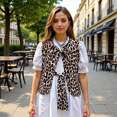 Damen Ärmellose Chiffon-Bluse mit Leopardenprint und doppelter Schleifenfront Shop Nory