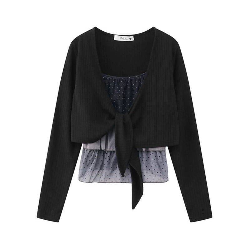 Damen Zweiteiliges Langarm-Top mit Knotenvorderseite und zartem Chiffon-Untertop Shop Nory
