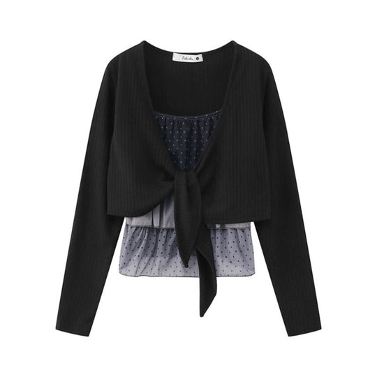 Damen Zweiteiliges Langarm-Top mit Knotenvorderseite und zartem Chiffon-Untertop Shop Nory