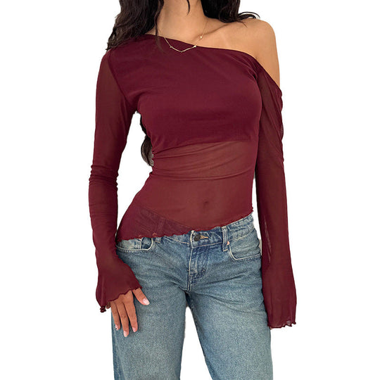 Damen asymmetrisches Langarmshirt mit transparenten Ärmeln und figurbetonter Silhouette