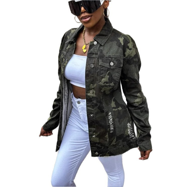 Damen Oversize Camouflage Denimjacke im verlängerten Schnitt mit ausgefranstem Saum Shop Nory