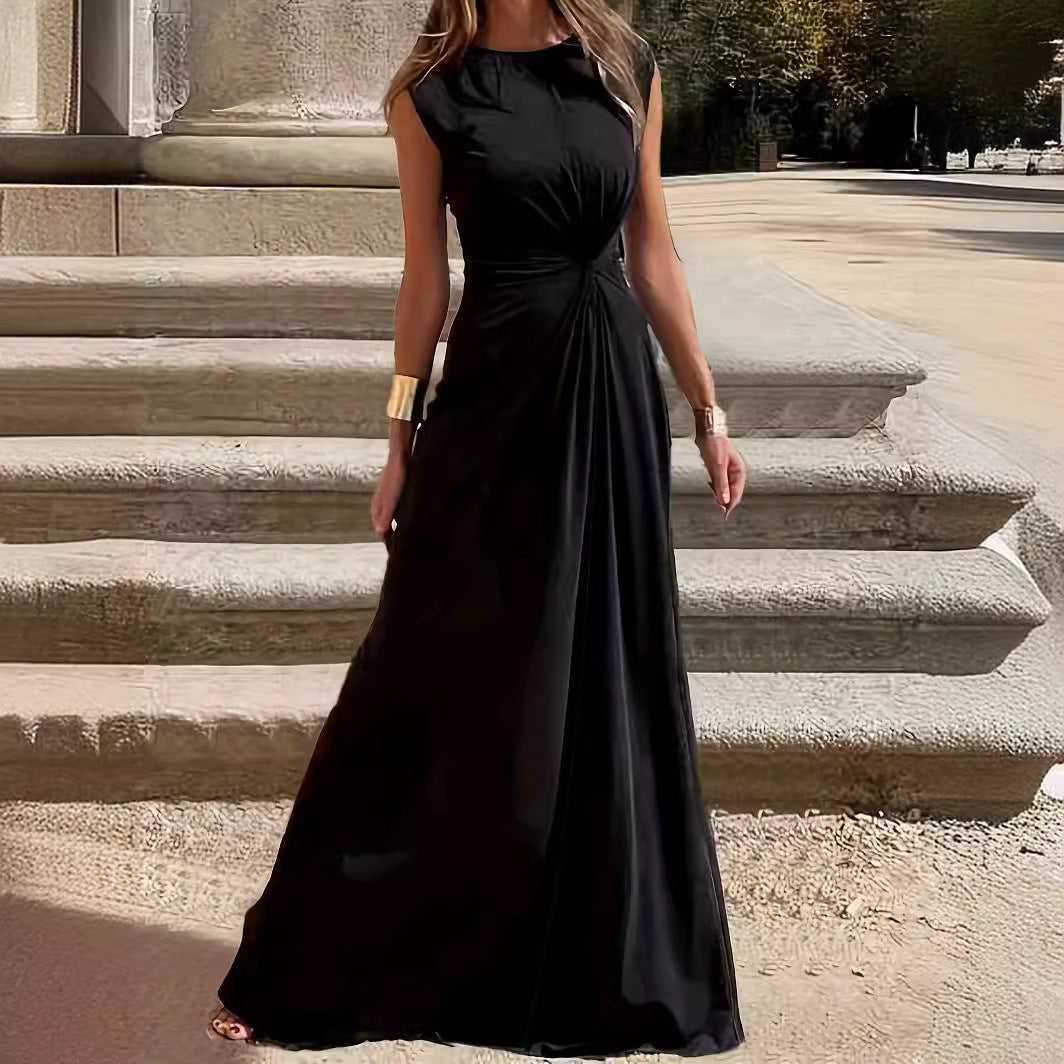 Damen Elegantes Maxikleid mit Raffungen und Rundhalsausschnitt