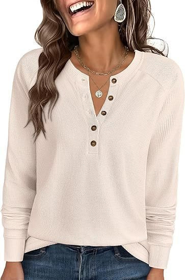 Damen Waffelstrick-Henley-Longsleeve mit Knopfleiste, Raglanärmeln und gerippten Bündchen Shop Nory