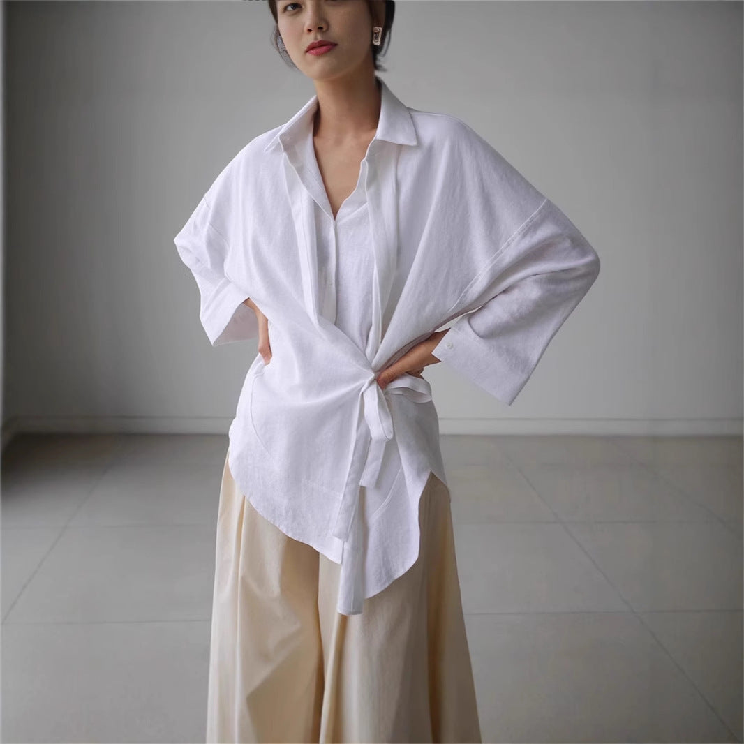 Damen Wickel-Langbluse aus Leinenmix mit Seitenschleife und Oversize-Schnitt Shop Nory