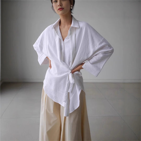 Damen Wickel-Langbluse aus Leinenmix mit Seitenschleife und Oversize-Schnitt Shop Nory