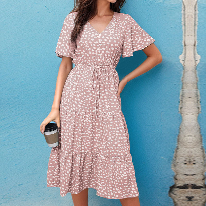 Damen Midi-Kleid mit Puffärmeln und modischem Punktmuster Shopnory
