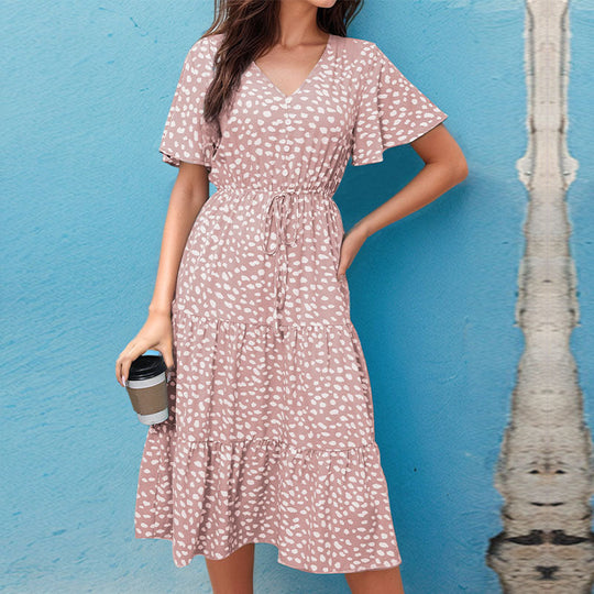 Damen Midi-Kleid mit Puffärmeln und modischem Punktmuster Shopnory