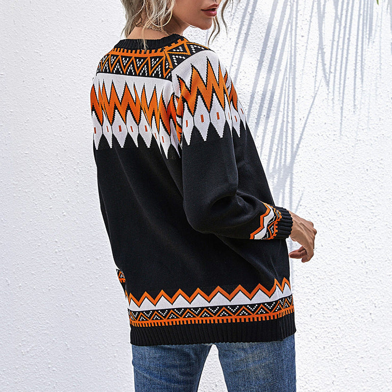 Damen Oversize Strickpullover mit geometrischem Aztekenmuster und asymmetrischem schulterfreiem Ausschnitt Shop Nory