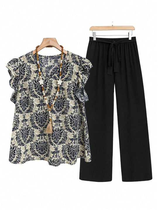 Damen Zweiteiliges Ensemble mit Rüschen-Printbluse und weitem Taillen-Hosenmodell Shop Nory