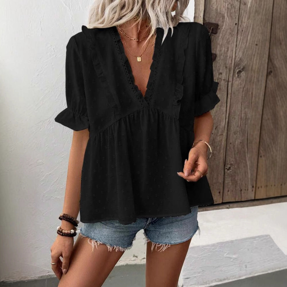 Damen elegantes Blusenshirt mit Rüschendetails und V-Ausschnitt