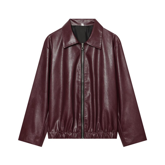 Damen Weiter Kunstleder-Blouson mit durchgehendem Reißverschluss, Hemdkragen und gerafftem Saum Shop Nory