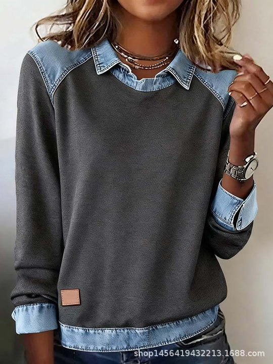 Damen nan gerippter Strickpullover mit Jeanskragen und Knopfleiste Shop Nory
