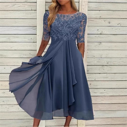 Damen Elegantes Midikleid mit Spitzenärmeln und schwingendem Rock