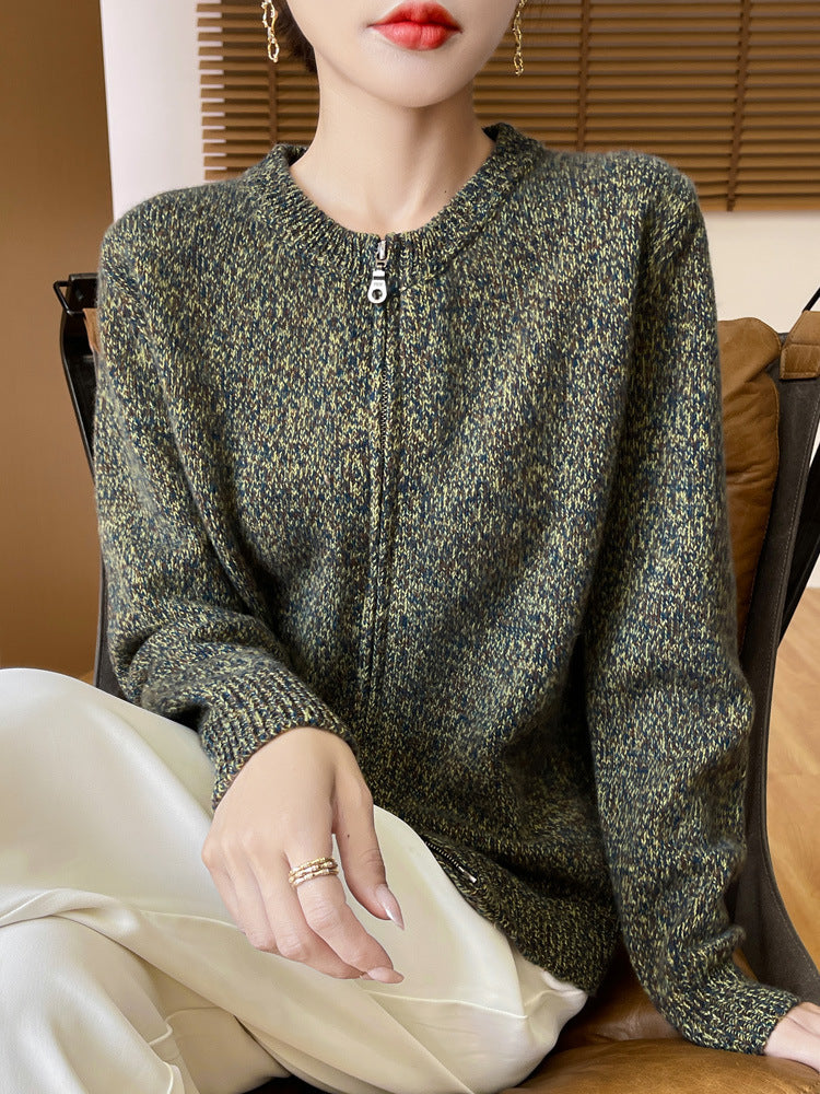 Damen Melierter Reißverschluss-Cardigan mit Zwei-Wege-Zipper und gerippten Bündchen Shop Nory
