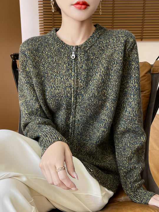 Damen Melierter Reißverschluss-Cardigan mit Zwei-Wege-Zipper und gerippten Bündchen Shop Nory