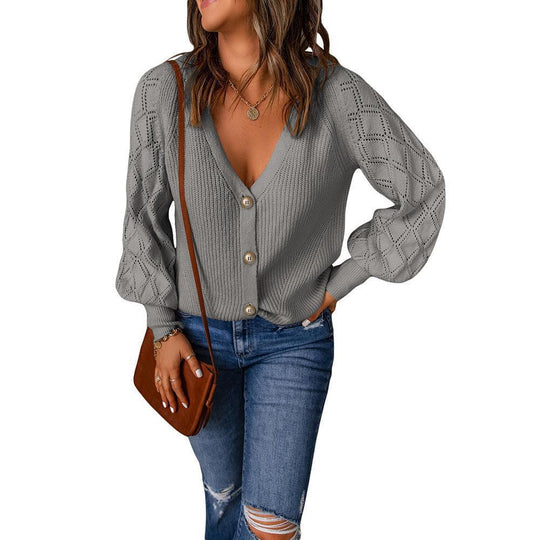 Damen Strickcardigan mit V-Ausschnitt, Zierknopfleiste und Ajourballonärmeln Shop Nory