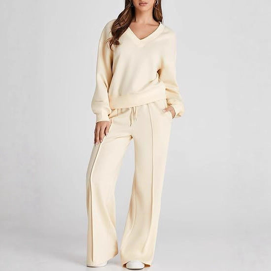 Damen Lässiges V-Ausschnitt Freizeit-Set mit weiter Jogginghose Shop Nory