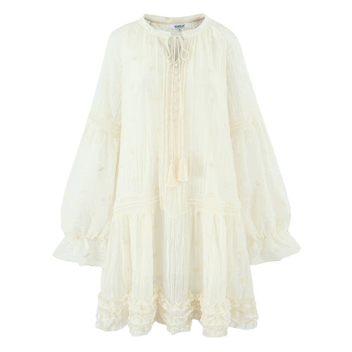 Damen Lockeres Boho-Minikleid mit Rüschen, Voluminösen Ballonärmeln und Quastenschnürung Shop Nory