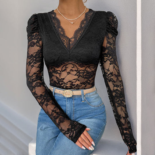 Damen Figurbetonter Spitzenbody mit transparentem Mesh, V‑Ausschnitt und Puffärmeln Shop Nory