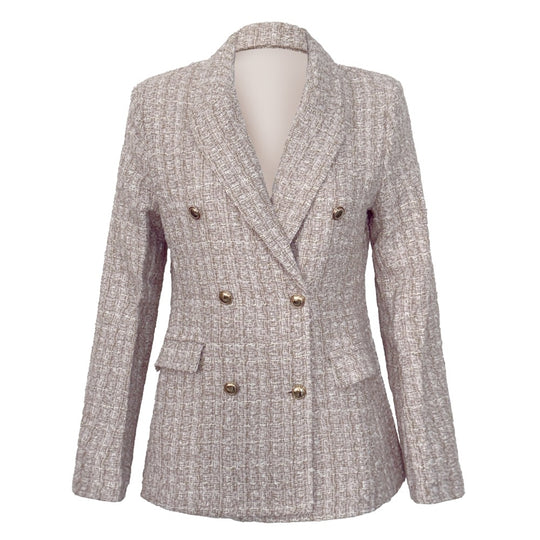 Damen Doppelreihiger Bouclé-Blazer mit Schalkragen, taillierter Silhouette und Zierknöpfen Shop Nory