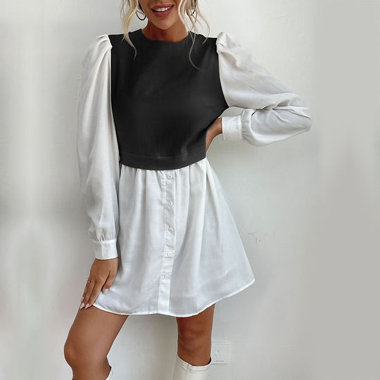 Damen Hemdblusenkleid mit eingesetzter kurzgeschnittener Weste, Puffärmeln und taillierter Silhouette Shop Nory