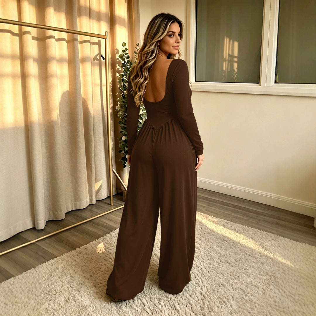 Damen Langer Jumpsuit mit weitem Bein, tiefem Rundhals und Eingrifftaschen Shop Nory