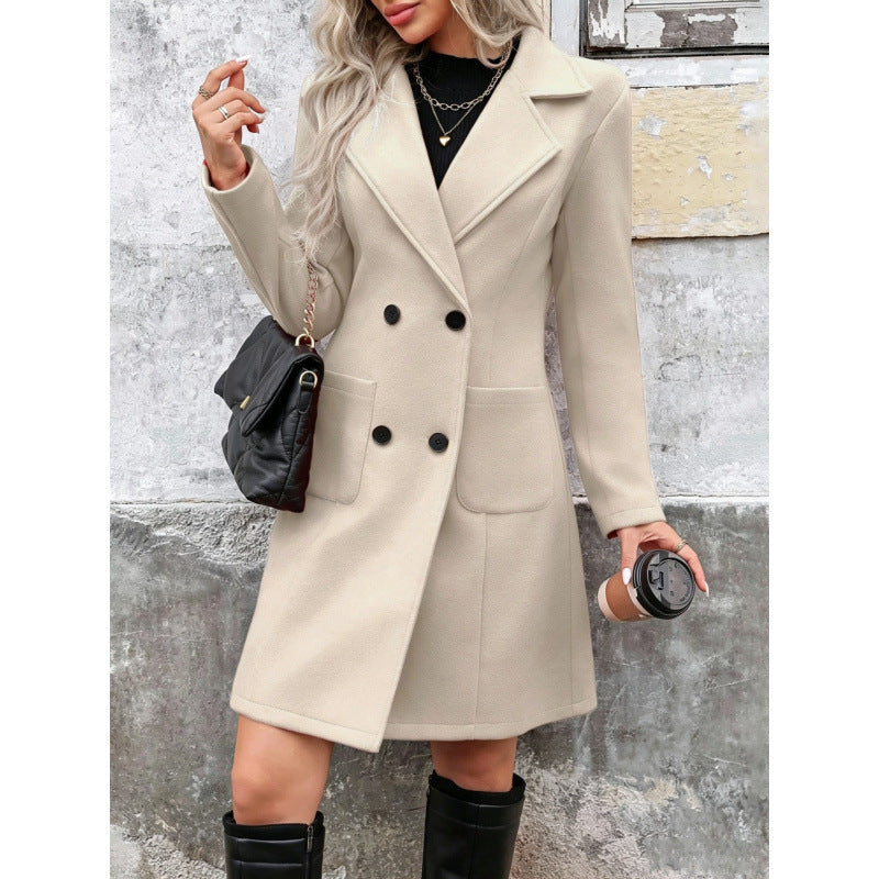 Damen Doppelreihiger Wollmix-Mantel mit Reverskragen und aufgesetzten Taschen Shop Nory