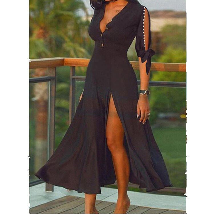 Damen Maxikleid mit elegantem V-Ausschnitt und hohem Schlitz